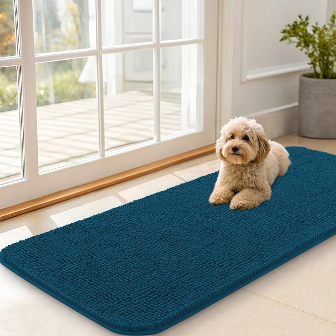 OLANLY Dog Door Mat for Muddy Paws 47x20, Absorbs Moisture and Dirt, Absorbent Non-Slip Washable Doormat, Quick Dry Chenille Mud Mat, Entry Indoor Entryway Carpet for Inside Floor, Atlantic Blue by OLANLY