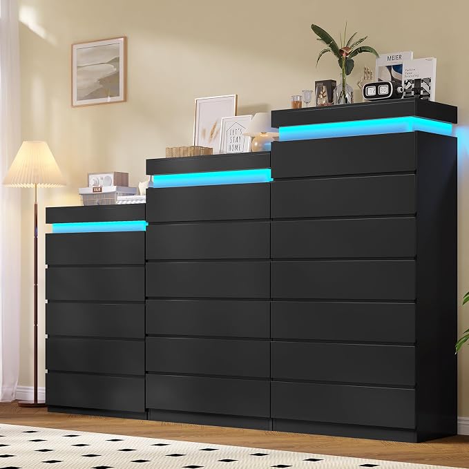 HAUOMS Tall 7 Drawer Dresser with LED Light, Black Modern Chest of Drawers for Bedroom,Closet Dressers with Drawers for Living Room, Entryway, Hallway - Image 7