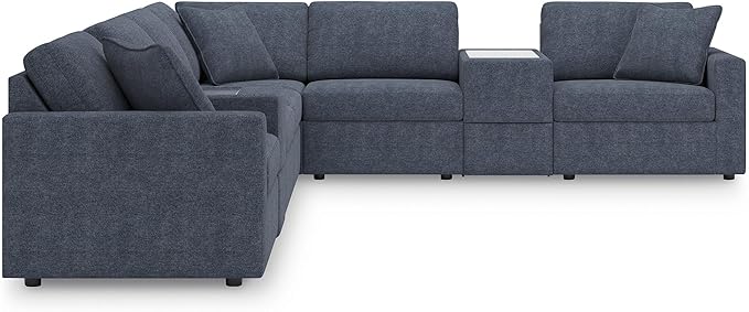 Signature Design by Ashley Modmax Contemporary Stain Resistant Right-Arm Facing 8-Piece Sectional with Storage Consoles, Armrest, Throw Pillows and Reversible Cushions, Blue