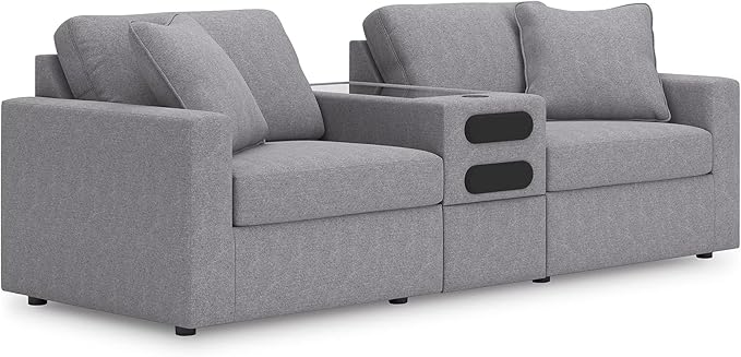 Signature Design by Ashley Modmax Casual Modular Stain Resistant 3-Piece Sectional with Audio Console, Drawer Storage, USB Ports and 2 Accent Pillows, Gray