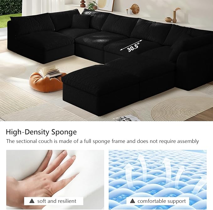 Modular Sectional Sofa Boneless Cloud Couch for Living Room, U Shape Deep Seat Recliner Sofa with Ottoman, Adjustable Backrest & 2 Throw Pillows - Covers Washable, (Black, 5 Seater+2 Ottoman)