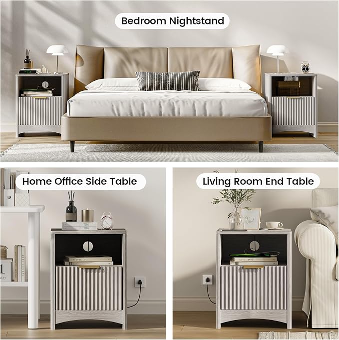 Amada Fluted Nightstands with Charging Station, End Table with USB Ports & AC Outlets, Wood Side Table for Bedroom, Deep Drawer & Storage Shelf, Set of 1, Grey - Image 5