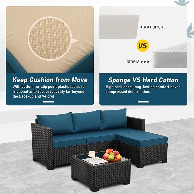 3 Pieces Patio Furniture Set Outdoor Sectional Wicker Patio Furniture Patio Couch with Ottoman and Outdoor Glass Table Weathering Anti-Slip Cushions Waterproof Covers, Peacock Blue