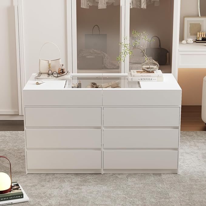 Armoire Bedroom Island Wardrobe Closet Island with 12 Drawers & Sliding Glass Tabletop, Island Dresser with Expandable Design, Closet Island for Bedroom Cloakroom White 63”W x 31.5”W x 35.8”H