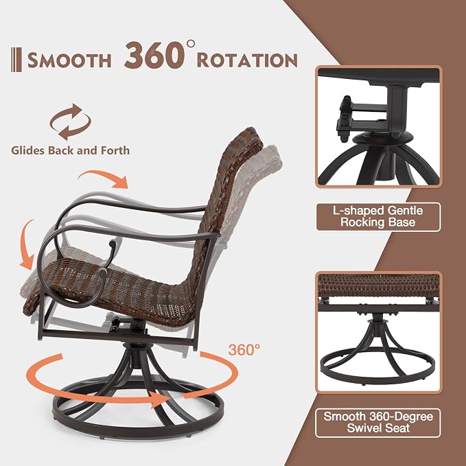 EROMMY Patio Swivel Chairs Set of 8, Heavy Duty Outdoor Dining Chair with 23.5'' High Back, Extra-Large Water-Fall Seat, Rattan Wicker Porch Chair Gentle Rocker for Outside, Dark Brown - Image 5