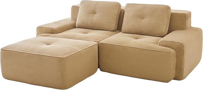 Casaphoria 80" Camel Corduroy Cloud Couch, Boneless Modular Sectional Sofa for Living Room with Deep 2-Seat & 1-Ottoman, L Shape Cloud Couch No Assembly Required