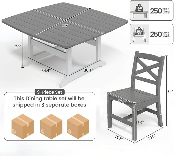Patio Dining Table Set for 8, HDPE Outdoor Dining Set, All-Weather Outdoor Rectangular Tables and 8 Chairs, Durable Patio Furniture Set with Chairs,White Grey - Image 5