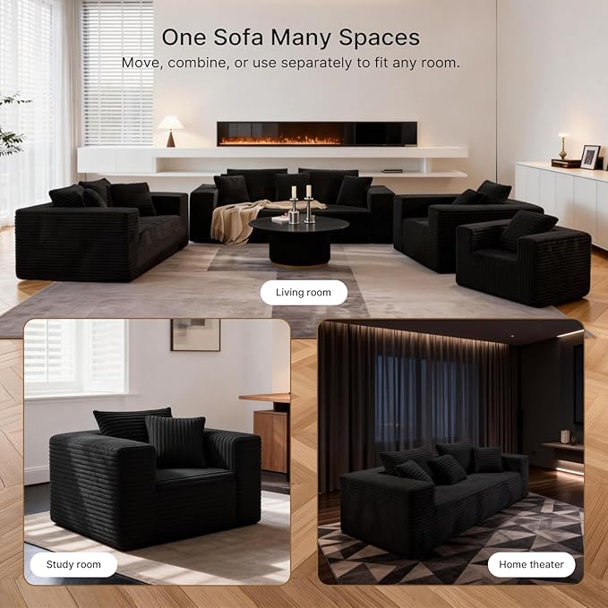 3-Seater Deep-Seat Corduroy Lounge Sleeper Sofa, No Assembly Frameless Foam Cloud Couch, Comfy Plush for Living Room Bedroom Apartment Dorm Office (Black)