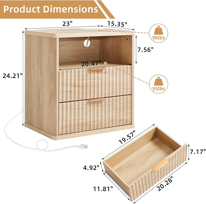 LEYAOYAO Fluted Farmhouse Nightstand Set of 2 with Charging Station, 23" Wide 2 Drawers End Table,Natural Dresser for Bedroom,Bed Side Table Chest of Drawers Cabinet,Wood Night Stand for Living Room - Image 3