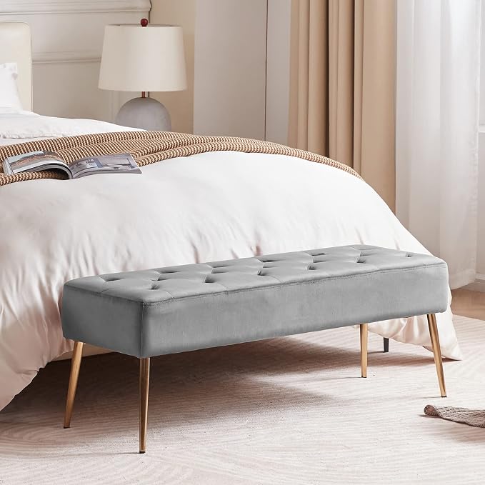 DUHOME Modern Velvet Ottoman Bench, Button-Tufted Upholstered Bedroom Benches,End of Bed Bench with Gold Base for Entryway Living Room Dining Room, Grey - Image 5