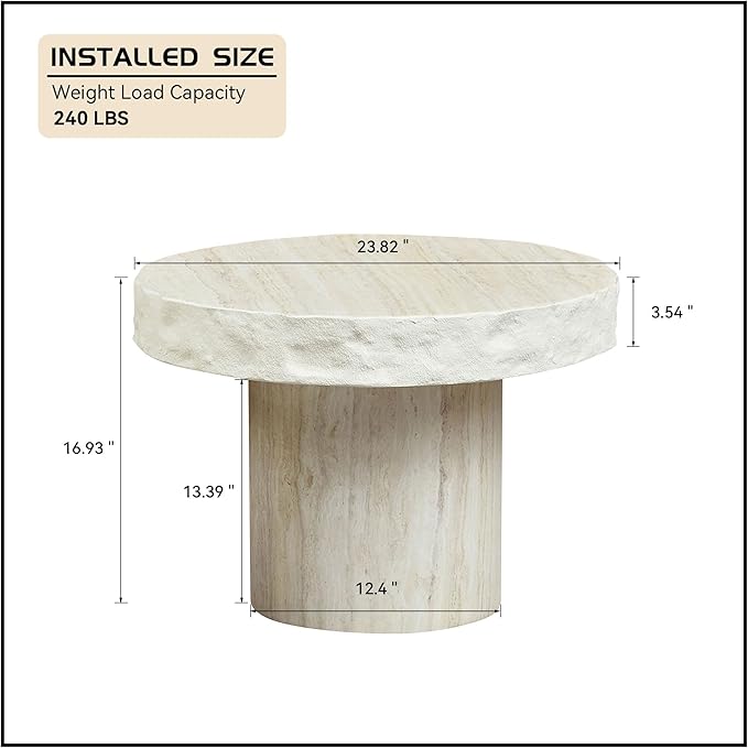 23.82" Round Side Table Small Coffee Table Faux Marble Pattern End Table Cement Stone Sofa Side Table for Living Room Apartment No Assembly