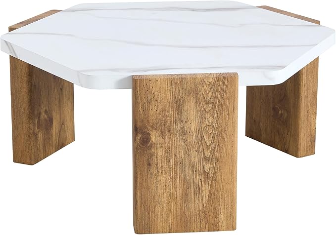 31 inch Modern Coffee Table Small Hexagon Marble Top and Wood Legs, Compact Living Room Coffee Table 250lbs Capacity, Quick Assembly Nordic Style