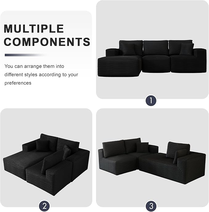 104" Modular Sectional Sofa with L-Shape Chaise, Modern Upholstered Cloud Couches for Living Room Bedroom, No Assembly Required, Black