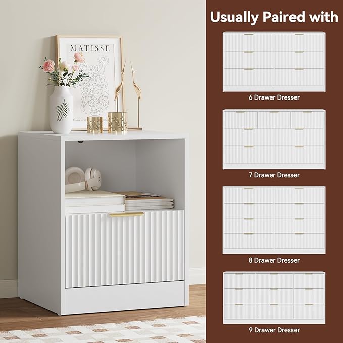 9 Drawer Dresser & Nightstand Set 3-Piece, 63” Wide Bedroom Set Night Stand Set of 2 with Metal Handle, Fluted Modern Wood Chest of Drawers Storage Dressers Set for Bedroom, White