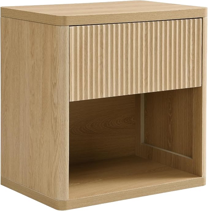 XIAO WEI Set of 2 Natural Wood Fluted Nightstands with Hidden Drawer, 22.8" Wide Mid Century Modern Bedside Table with Open Shelf, Large Accent End Table, Curved Safety Design - Image 8