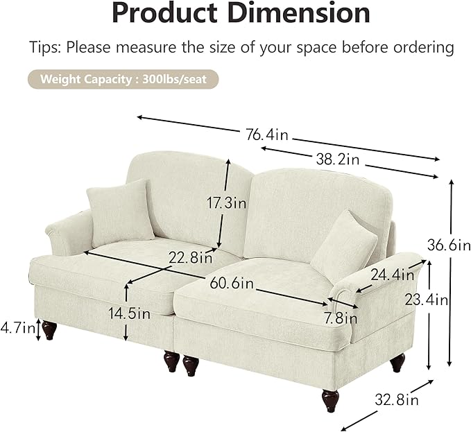 KEIKI Mid Century Modular Sofa with Flared Arms and Skirted Design, 107” Oversized 3-Seater Loveseat Chenille Sectional Couches Set for Living Room Decor,Big Comfy Couch Indoor, Beige White