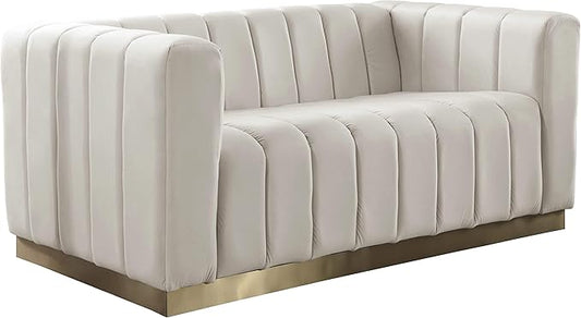 Meridian Furniture 603Cream-L Marlon Collection Modern | Contemporary Velvet Upholstered Loveseat with Deep Channlel Tufting and Brushed Gold Finish, Cream, 62.5" W x 34" D x 28" H