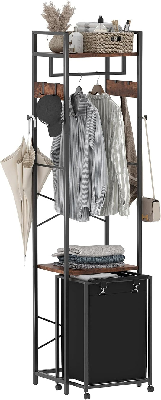 Coat Rack with Laundry Basket, Laundry Hamper Freestanding Hall Tree, Clothes Rack with Storage Shelves, 14.5 Gal Removable Bags on Wheels, Black and Brown JLH005SR by Yifeel