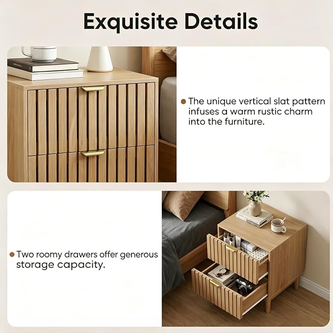 Kiasthome Mid-Century Wood Nightstand with 2 Drawers, Fluted Front Bedside Table, Functional End Table for Bedroom & Living Room (Light Oak (2-Pack)) - Image 4