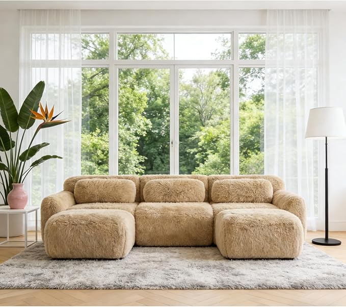 114.7" Modular Boneless Sofa, Modern Sectional Couch, U-Shape Boneless Couch for Living Room Apartments Bedroom, 32D High Density Sponge Lounge Sofa, No Assembly Required, Light Khaki