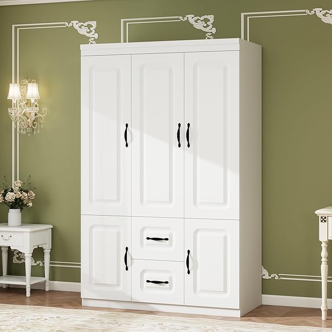 Armoire Wardrobe Closet 3 Door: Wooden White Bedroom Armoire Storage Cabinet for Large Capacity Armoire and Wardrobe Closet Wood with 2 Drawers Hanging Rail Shelves