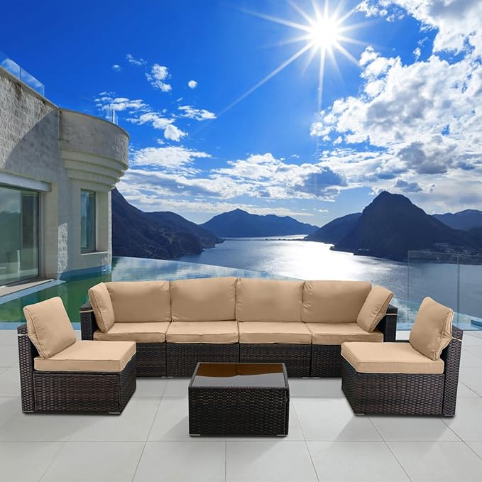 CHABATREE 7 Pieces Outdoor Patio Furniture Sets,Rattan Conversation Sectional Set,Manual Weaving Wicker Patio Sofa with Tea Table