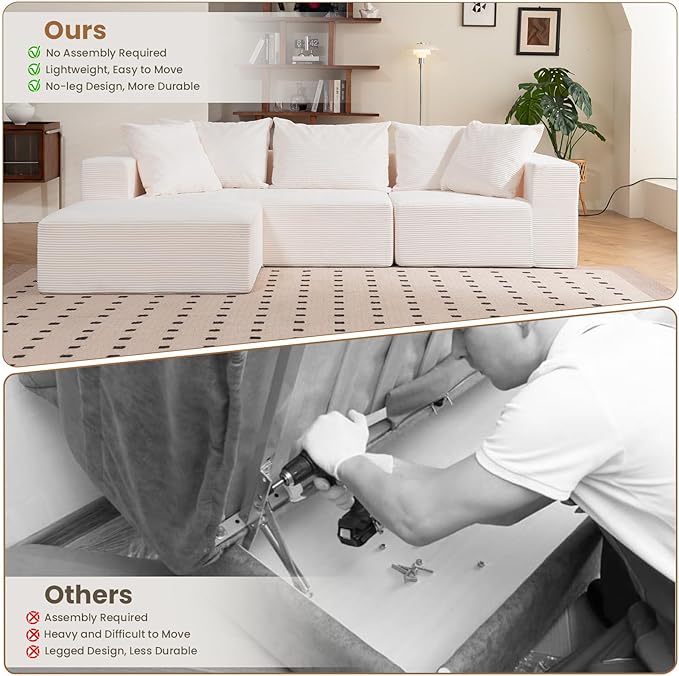 108" L-Shaped Boneless Couch, Modular Sectional Sofa with Moveable Ottoman, Corduroy Cloud Couches for Living Room, No Assembly, Ship in a Box, Beige