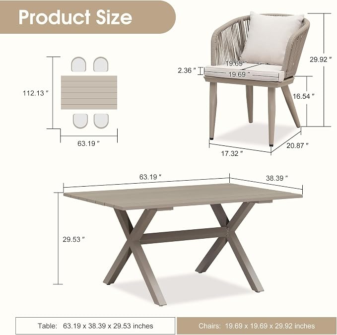 PURPLE LEAF 5 Pieces Patio Dining Set Wicker Outdoor Furniture Rectangular Table and Chairs Set for Garden Deck Aluminum Frame Backyard Kitchen Set, Cushions and Pillows Included Champagne - Image 7