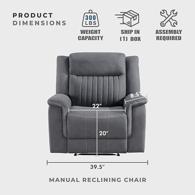 Lexicon Manual Recliner Chair, Polished Microfiber Reclining Sofa Chair, Home Theater Seating, Wall Hugger Manual Recliner for Living Room/Office/Apartment, Gray