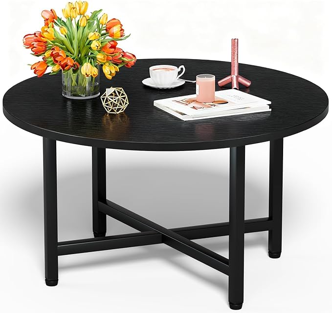 Round Coffee Table, Small Coffee Tables for Living Room, Black Coffee Table with Metal Frame, Floor Table Desk for Sitting on The Floor, Home, Office, Farmhouse, Black (23.6" D x 17.7" H)