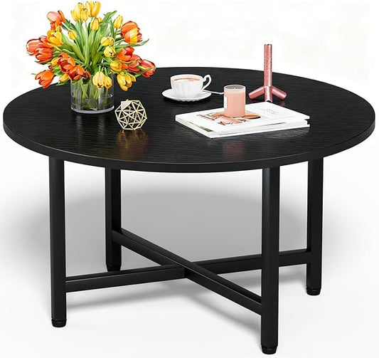 Round Coffee Table, Small Coffee Tables for Living Room, Black Coffee Table with Metal Frame, Floor Table Desk for Sitting on The Floor, Home, Office, Farmhouse, Black (23.6" D x 17.7" H)