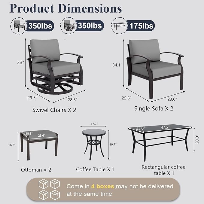 ALAULM Aluminum Patio Furniture Set with Coffee Table Rectangular, 6-seat Outdoor Sectional Furniture w/Swivel Chairs and 2 Ottomans, Patio Conversation Set for Porch, Backyard, Poolside-Grey