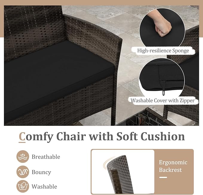 KOTEK 8 Piece Patio Furniture Set, Outdoor Rattan Conversation Set with Loveseat, Wicker Chairs, Tempered Glass Coffee Table, Wicker Patio Set for Backyard, Porch (Black)