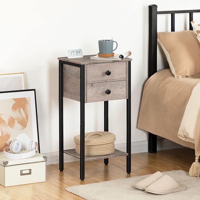 HOOBRO Tall Nightstand, End Table with 2 Drawers and Storage Shelf, Industrial Telephone Side Table for Study, Bedroom, Space Saving, Easy Assembly, Greige and Black BG72BZ01 - Image 5
