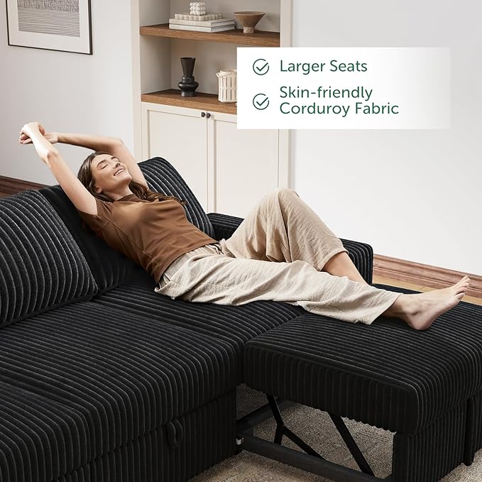 HONBAY 121.3 Inch Modular Sectional Sofa, L & U Shaped Pull Out Couch with Adjustable Backrest & Storage, Velvet Black