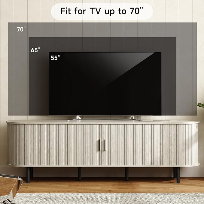 ONBRILL 70.8" TV Stand with Power Outlet for TVs up to 75 Inch, Entertainment Center with Storage and Adjustable Shelves, Modern Media Console with Sliding Doors for Living Room, Natural White - Image 5