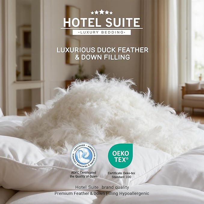 Hotel Suite Luxurious Feather and Down Comforter Duvet Insert Twin Size, 100% Cotton Cover, Hotel Collection Quilts, 44 oz Fill Weight, All Season Medium Warmth 68 x 88 Inch White
