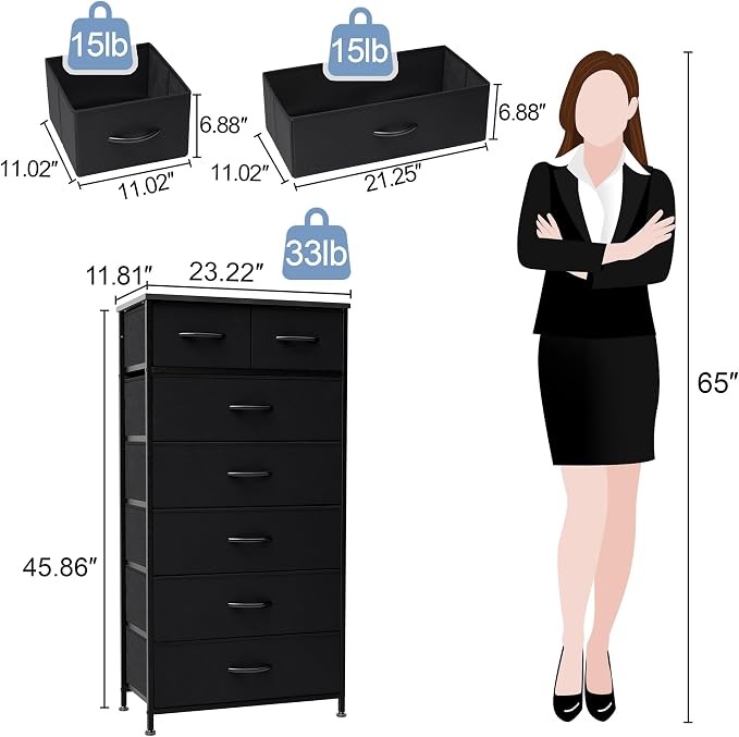 Crestlive Products Vertical Dresser Storage Tower - Sturdy Steel Frame, Wood Top, Easy Pull Fabric Bins, Handles - Organizer Unit for Bedroom, Hallway, Entryway, Closets - 7 Drawers (Black) - Image 3