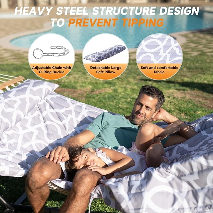 Everyfun 2 Person Outdoor Hammock with Stand, Cotton Rope Hammock with Polyester Pad, Adjustable Steel Frame, Portable with Carrying Bag – for Patio, Backyard, Garden, Beach, White-Gray - Image 4