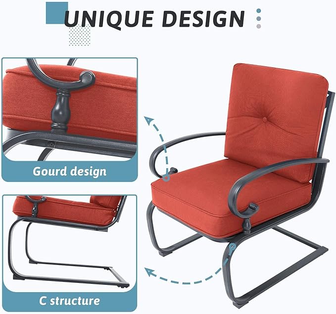 SOLAURA 4-Piece Outdoor Furniture Patio Conversation Sets Swing Glider Loveseat and Spring Lounge Chairs with Side Table for Garden, Deck, Balcony, Poolside, Lawns (Red)