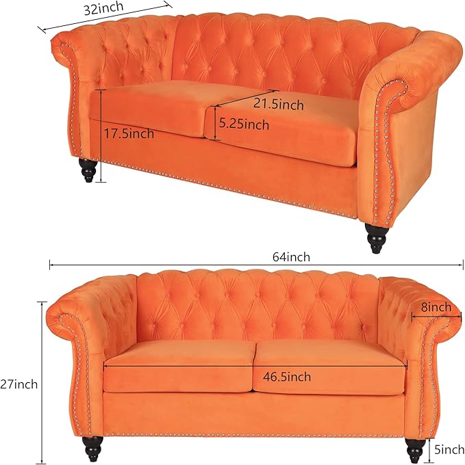 LEVNARY Velvet Sofa, Chesterfield Tufted Upholstered 2 Seater Couch, Modern Loveseat Couch Classic Furniture for Living Room Bedroom (Orange)