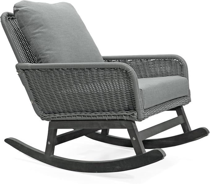 Christopher Knight Home Nadine Patio Rocking Chair, Wicker Rocker, Wood Leg Rocking Chair, PE Rattan Wicker Chair, Rocking Chair with Cushions, Comfort Wicker Rocker for Backyard Balcony Porch, Gray - Image 9