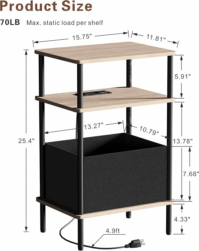 Small Side Table with Charging Station, Set of 2 End Table for Small Spaces, Slim Nightstand with Outlet,Sofa Beside Table, 3-Tier Storage Shelf,Living Room, Bed Room, Natrual Walnut - Image 3