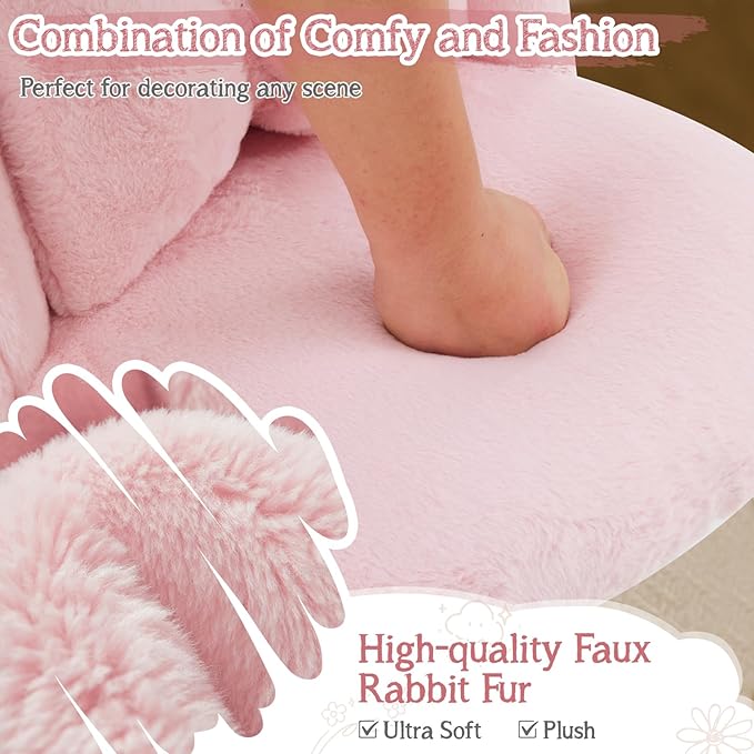 VINGLI Fluffy Girls Vanity Chair with Back & Pillow,Cute Small Cozy Desk Chair No Wheels,Comfy Makeup Ch with Ajustable Gold Legs,for Bedroom,Living Room,Small Space,Pink
