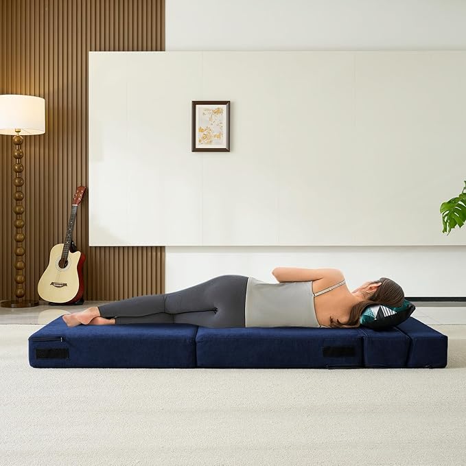Folding Sofa Bed with Pillow Memory Foam Convertible Sleeper Chair Bed Couch Futon Lazy for Living Room Home Office Guest Beds Apartment Upstairs Loft, Single Size, Dark Blue