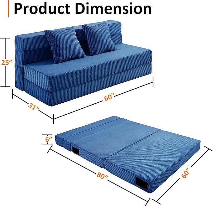 Queen Size Folding Sofa Bed - 4 in 1 Convertible Sleeper Chair with Two Pillows - High Density Memory Foam Futon Couch - Foldable Bed for Living Room Bedroom (Blue)