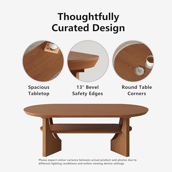 Mid Century Modern Coffee Table, 47" Oval Wood Coffee Tables for Living Room, 2 Tier Curved Round Center Table with Storage Shelf & Sturdy Base, Minimalist Retro Tea Tables