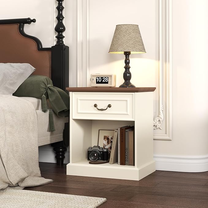 Nightstand Set of 2 with Drawer and Open Shelf, Wooden Bed Side Table for Bedroom, Modern End Table Side Table for Living Room, Small Night Stand Set 2 Furniture for Small Spaces (Beige) - Image 8