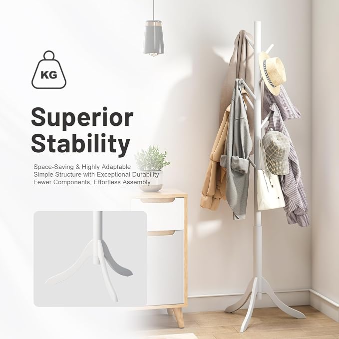 kiplant Coat Rack Stand with 8 Hooks, Adjustable Coat Standing Tree Easy Assembly for Coats, Hats, Scarves and Handbags for Entryway, Hallway, Bedroom, Office (Bamboo, White) - Image 3