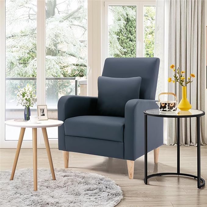 COLAMY Faux Leather Accent Living Room Chairs Set of 2, Upholstered Arm Chair Reading Side Chair, Single Sofa with Back Pillow and Wood Legs, L-Blue